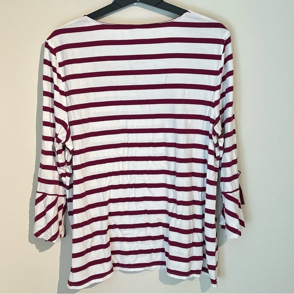 Chico's Burgundy and White 3/4 Sleeve Tie Blouse - Picture 4 of 4